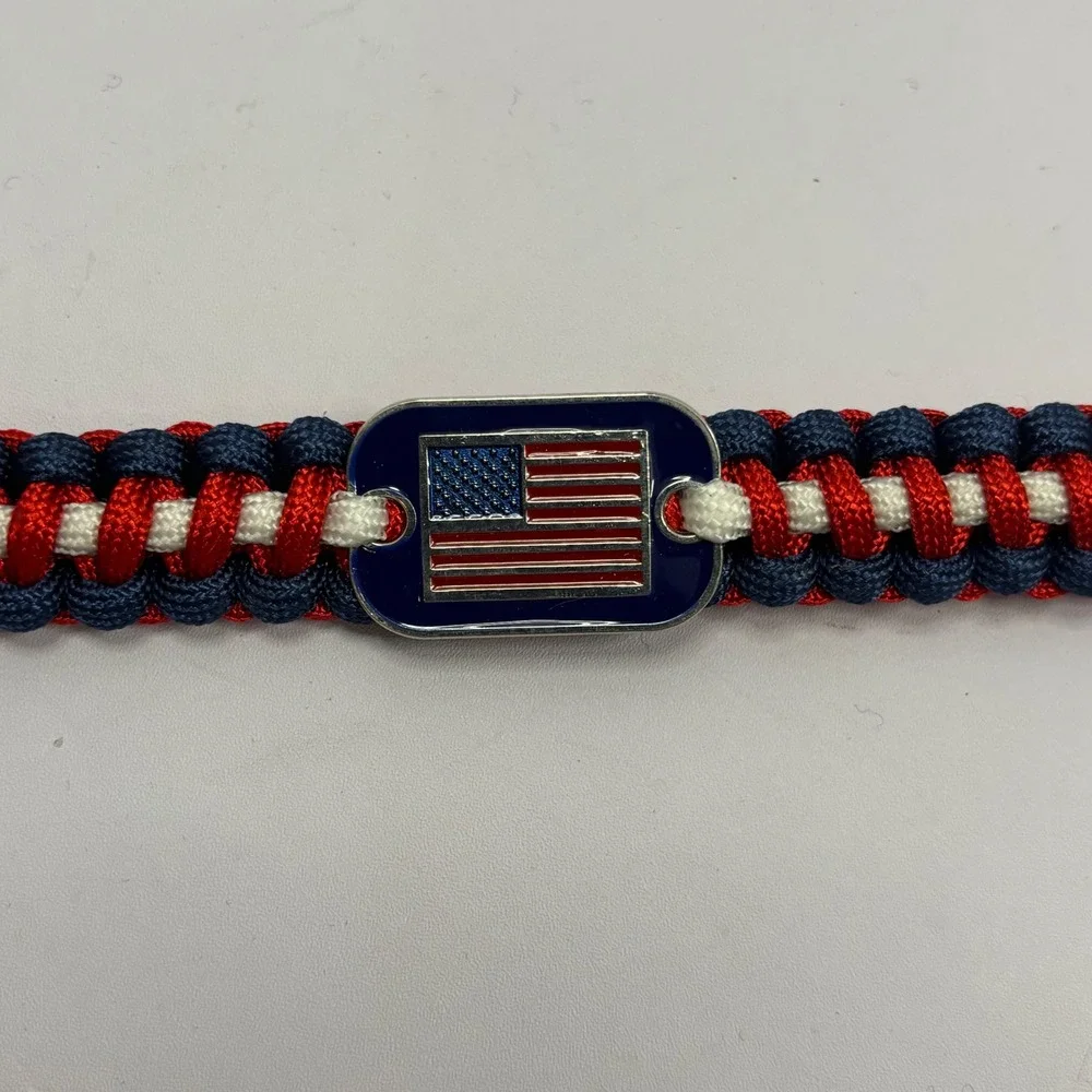 Patriotic American Flag Paracord Survival Bracelet Red White Blue 9.5 Inch